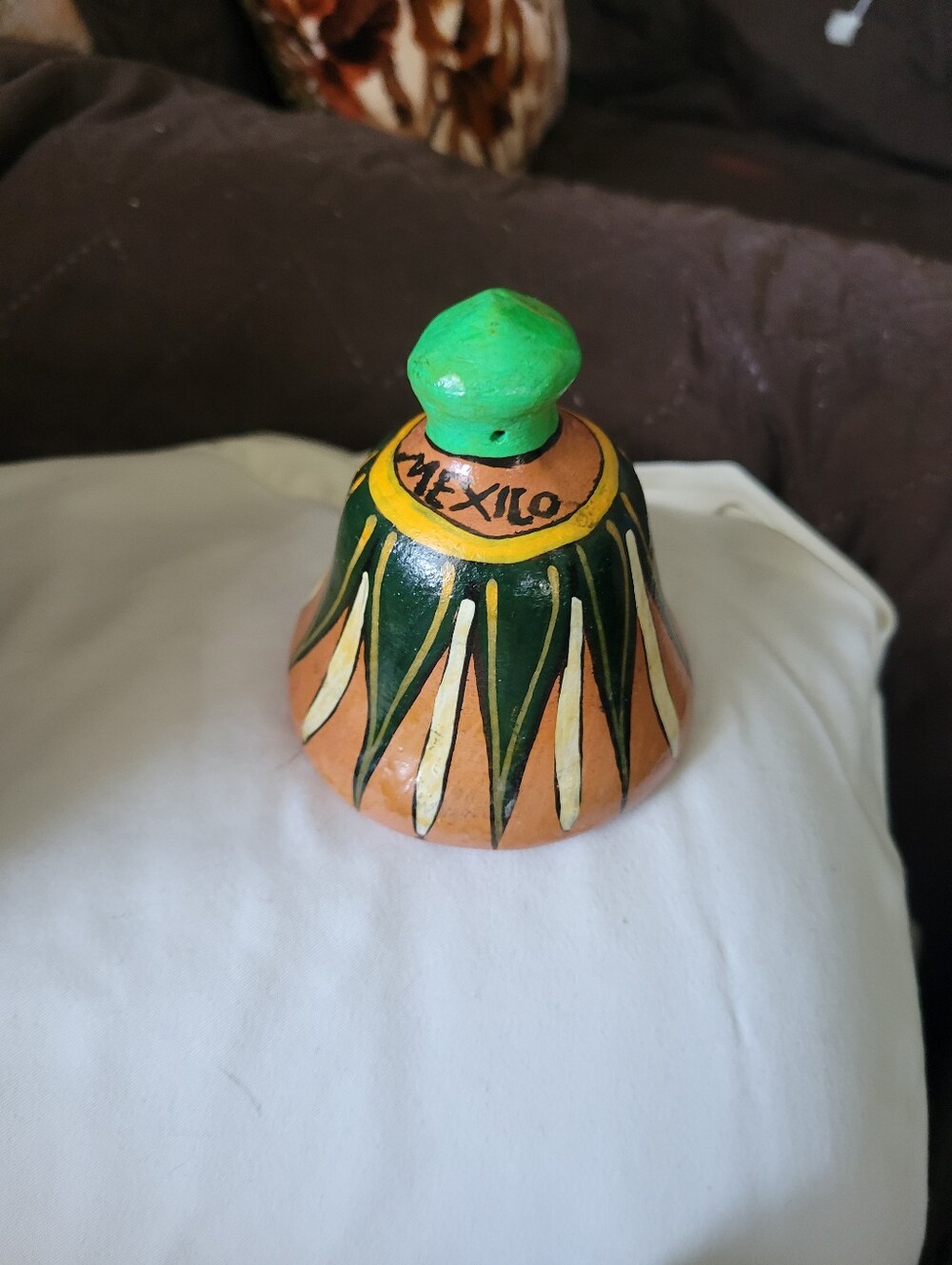 Handpainted Mexico Ceramic Bell in Green and Orange